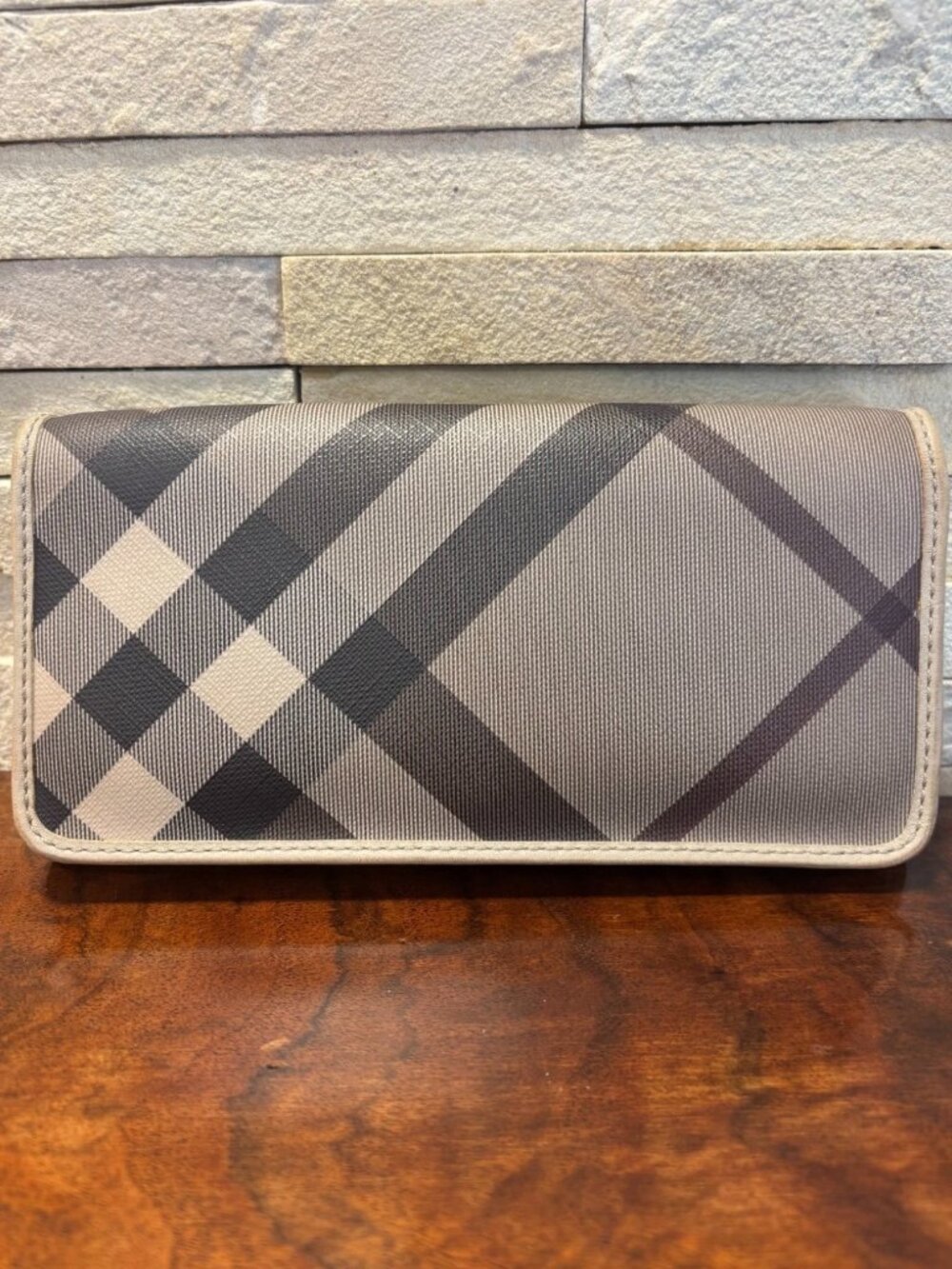 Authentic Burberry Smoked Check Penrose Continental Wallet Beige Leather Flap